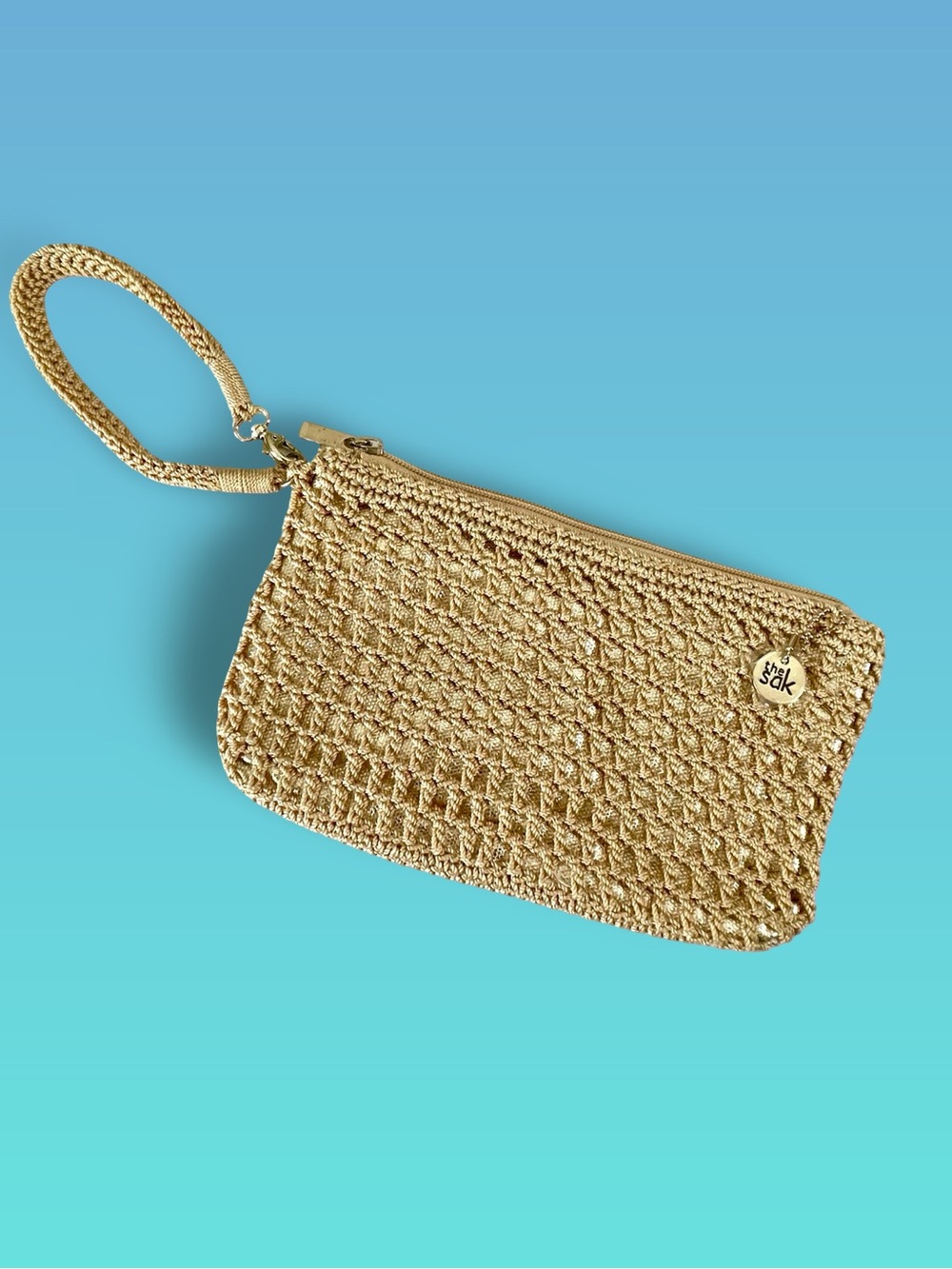 The Sak Champagne Gold Crochet Zippered Wristlet Mini Bag Cosmetic Pouch